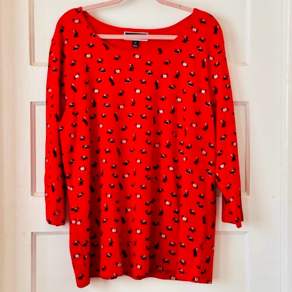 Karen Scott Red Holiday Winter Scotty Dog 3/4 Sleeve T-Shirt Size 2X NWT